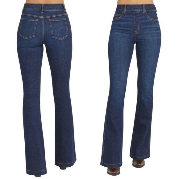 Spanx Flare Jeans Midnight Blue Shade Pull On Stretch High Waist L Petite $148 - Picture 2 of 16